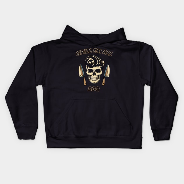 Grill em all. BBQ skull and knifes Kids Hoodie by Kingrocker Clothing
